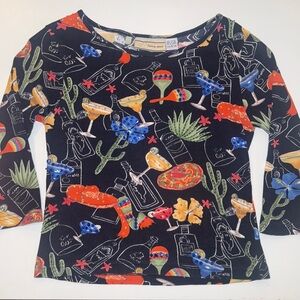 Vintage 90’s Carrie Allen 3/4 sleeve Margarita Fiesta Print beaded shirt SZ L